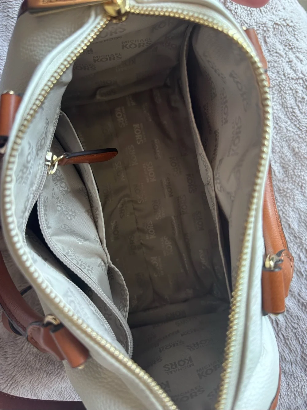 Michael Kors White and Brown Leather MK Logo Satchel